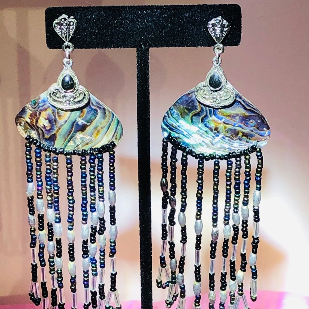 Vtg.Abalone Shell Beaded 4.5" Post Dusters~Dangles - image 1